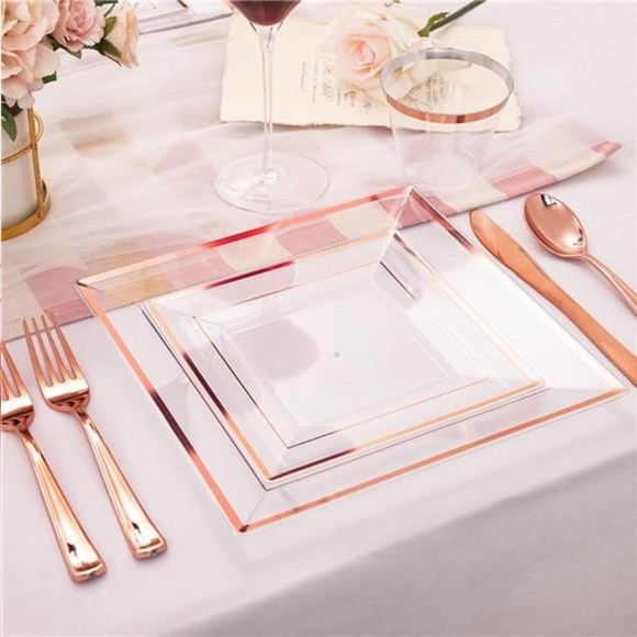 150 Pieces Rose Gold Square Plastic Plates with Silverware and Cups, Disposable - Picture 4 of 6